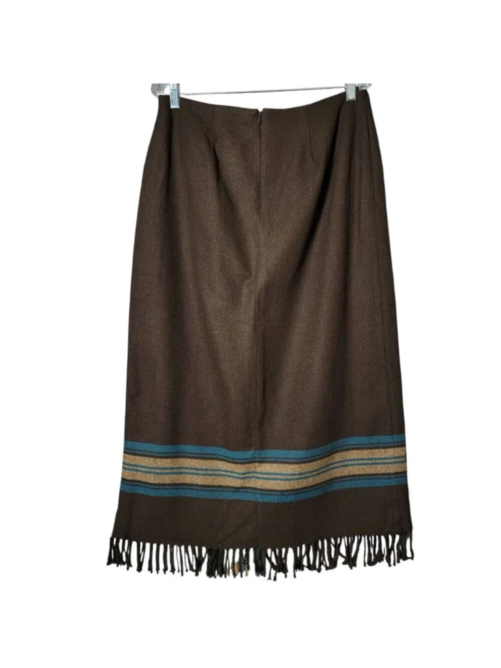 VTG Michele Womens Brown Teal Western Plaid Wool Blend Midi Wrap Fringe Skirt 12 - Picture 4 of 10